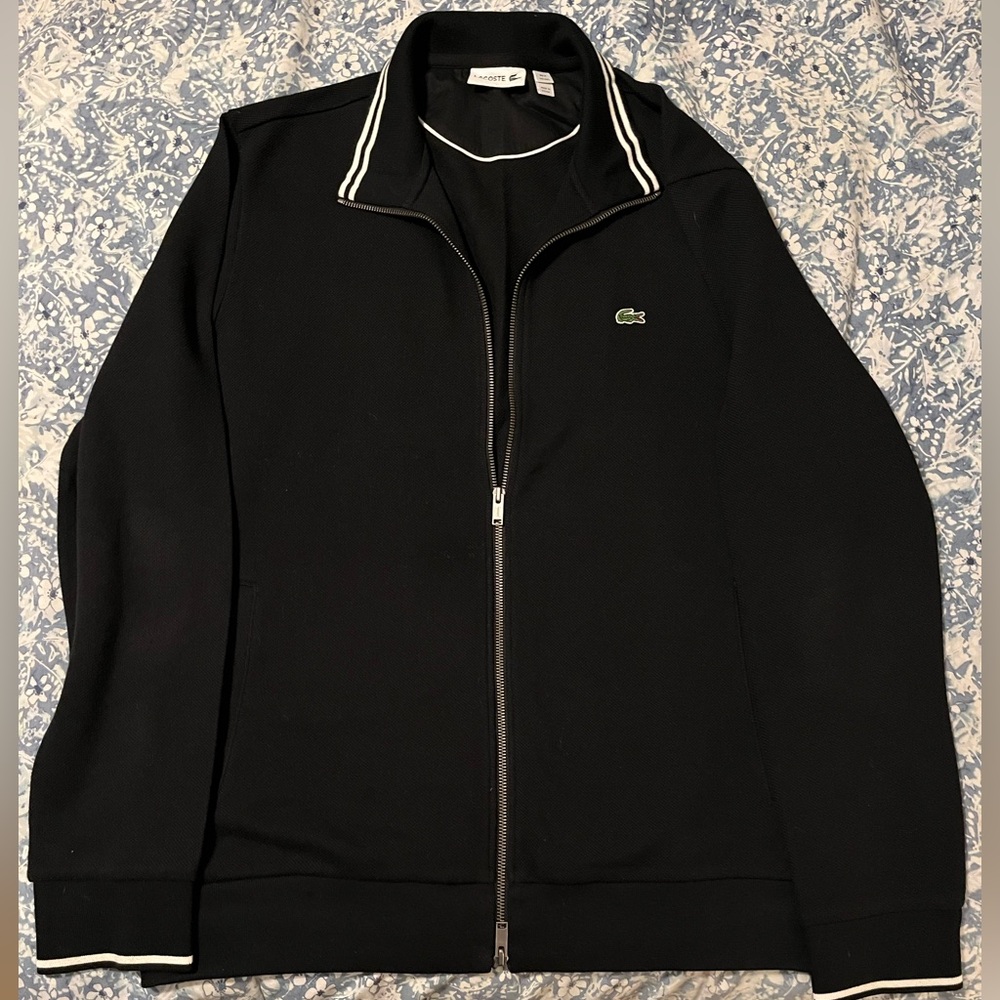 Lacoste Men's Black Zip-Up Sweater with White Accents